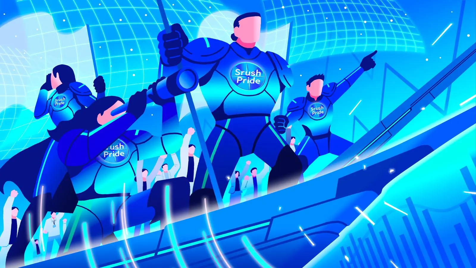 旗を掲げ、先頭に立って進むクルーたちのイラスト