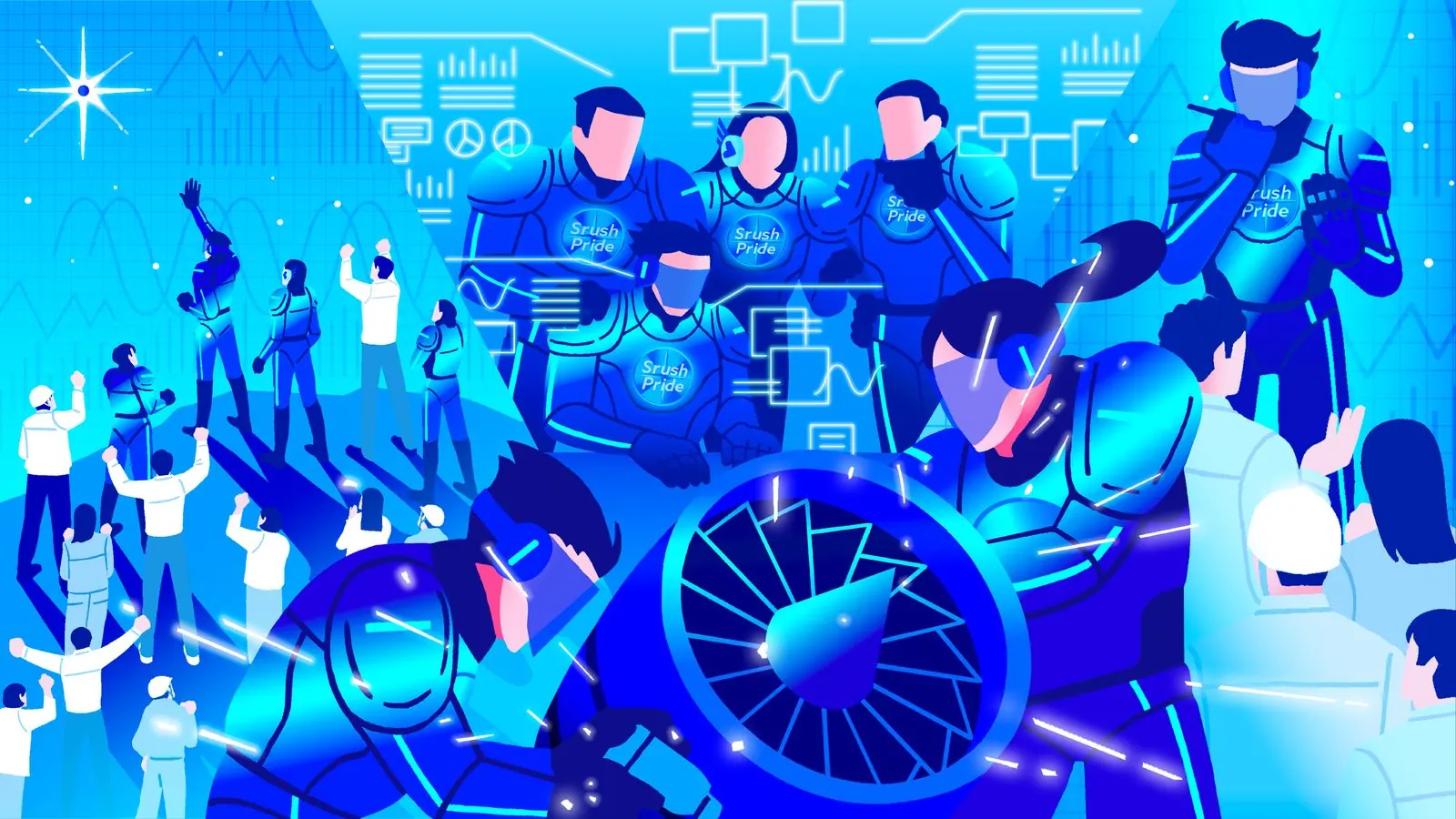 データの力で大きな夢に向かうクルーたちのイラスト